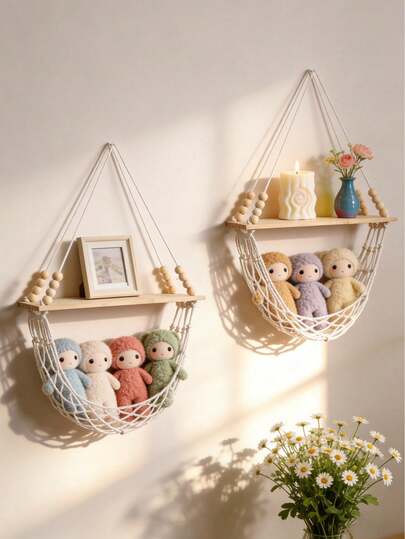 2 estantes de pared bohemios tejidos a mano, cestas colgantes de almacenamiento, organizador flotante, estante rústico montado en la pared para cuarto de niños, dormitorio, sala de estar, baño, juguetes de peluche, plantas, fotos, decoración del hogar, exhibición que ahorra espacio.