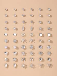 30 Pasang/Set Anting-Anting Fashion Aneka Bentuk Pita, Persegi, Mutiara Imitasi, Berlian Imitasi, Bunga, Hati, dan Bulat, Desain Unik, Hadiah Liburan untuk Wanita - Perak - View 7