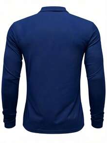 Men's Solid Color Long Sleeve Polo Shirt With Pocket, Turn Collar Button Up Top, Casual Daily Commute Sports Long Sleeve T-Shirt - Navy Blue - View 3