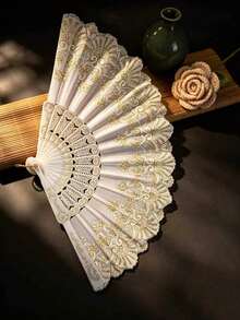 Elegant White Lace Floral Hand Fan With Gold Embroidery - Vintage Spanish Style Folding Fan For Wedding, Party & Summer Events - Multicolor - View 3