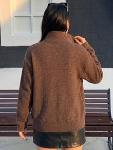 Maillard Brown Stand Collar Knitted Cardigan, Double-Breasted Metal Button Zipper Loose Short Wool Jacket - Brown - View 2