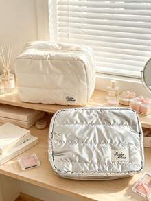 1pc/8pcs Quilted Fluffy Metallic Makeup Bag, Large Capacity Zipper Cosmetic Storage Bag With Label Decoration, Soft Portable Travel Toiletry Organizer, Fashionable Women's Makeup Bag, Suitable For Daily Life, Short Trips And Vacation - Multicolor - View 8