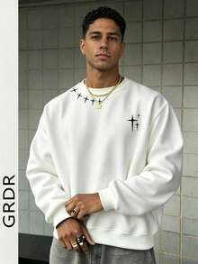 GRDR Men's Spring/Autumn Minimalist Four-Pointed Star Small Print Crew Neck Sweatshirt, Casual Loose Fit Solid Color Pullover - White - View 2