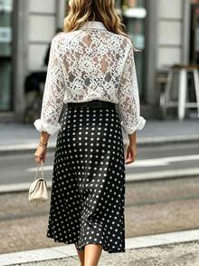 Women's Autumn/Winter Preppy Style Sheer Lace Blouse With Collar And Matching Tie, Contrast Cuff Design, Elegant And Feminine Vacation White - White - View 11