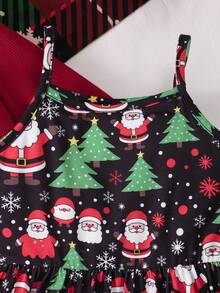 Girls Christmas Holiday 2 Pieces Dress Set, Red Ribbed Knit Ruffle Sleeve Long Sleeve Cropped Cardigan + Santa Claus Christmas Tree Snowflake All-Over Print Full Skirt A-Line Spaghetti Strap Princess Dress - Red - View 9