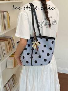 Polka Dot All-Over Print, Large Capacity Storage, Magnetic Closure Design, Casual Tote Bag, Suitable For Students, Daily Commute, Outings, Dates, And Short Trips - Blue - View 8