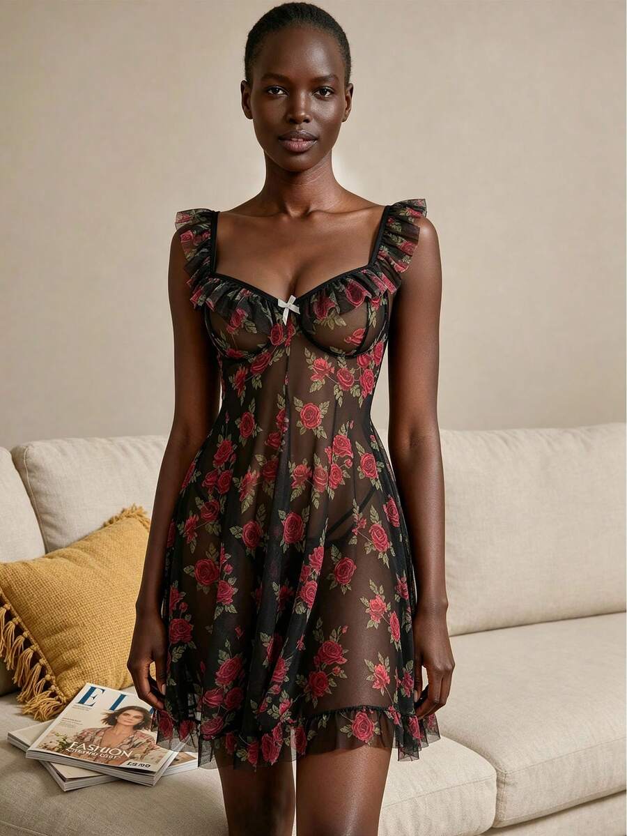 2pcs New Mesh Floral Print Sexy Lingerie Set, Spaghetti Strap Babydoll Dress And Panty - Black - View 1