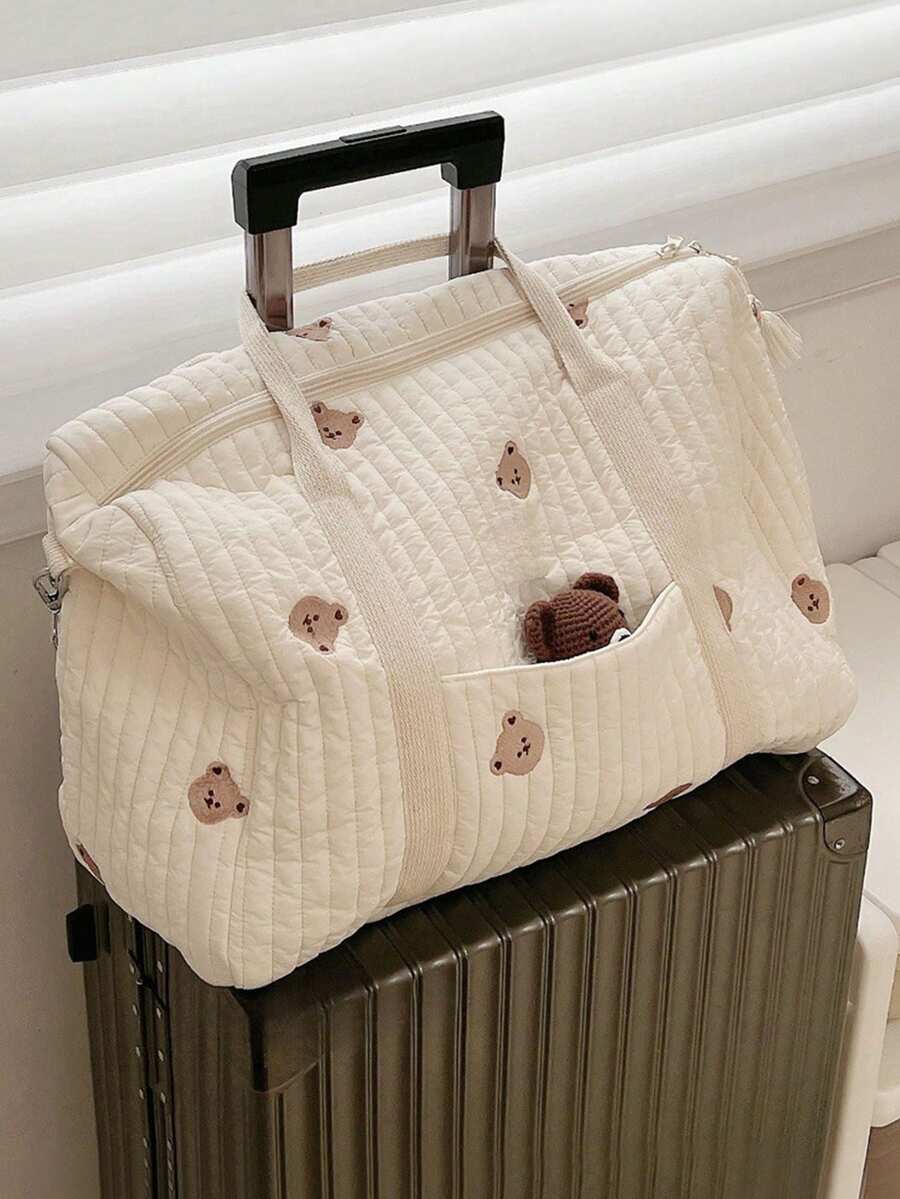 1 buah Tas Ibu & Bayi Bordir Hewan Kartun Kapasitas Besar, Tas Penyimpanan Ringan untuk Ibu, Tas Koper Ritsleting Multifungsi - Krem - View 1
