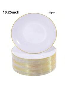 25pcs 7.5 Inch And 10.25 Inch White Gold Rim Plates, 2 Sizes Available, Reusable And Washable, Perfect For Home, Hotel, Birthday, Outdoor And Various Party Events - White - View 13