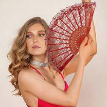 1pc D EXCEED Vintage Black Hand Fan Retro Handheld Folding Lace Fans For Women Foldable Halloween Cosplay Costume Dancing Show Tea Party - Black - View 4