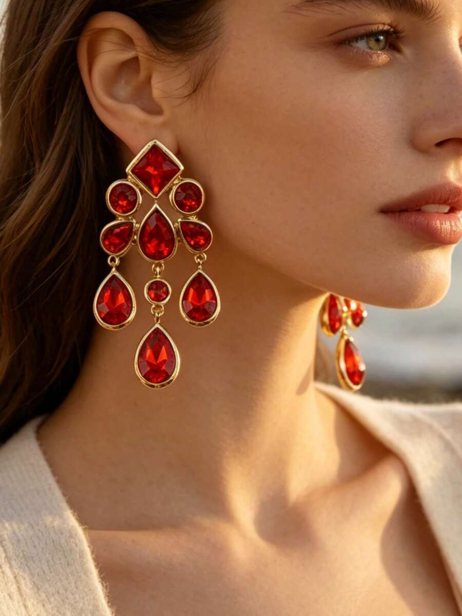 ZR Rhinestone Teardrop Pendant Earrings, Gold Exaggerated Party Jewelry