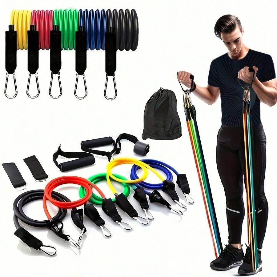 11 Colors TPE Anti-Drag Resistance Band Set, Includes Door Anchor, Handles, Carrying Bag, Ankle Straps, Suitable For Home Fitness, Gym, Yoga And Pilates, Suitable For Beginners - Multicolor - View 1