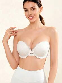 White Women's Lace Patchwork Bandeau Bra, Front Closure With Underwire Push-Up Backless Design, Seamless Non-Slip Lightweight Lined Cups - White - View 6
