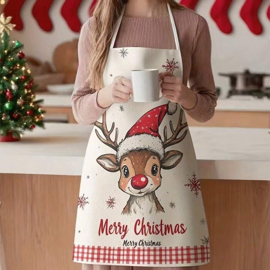 1pc Christmas Theme Women's Apron, Kitchen Oil-Proof & Waterproof Home Apron - Off-white - View 1