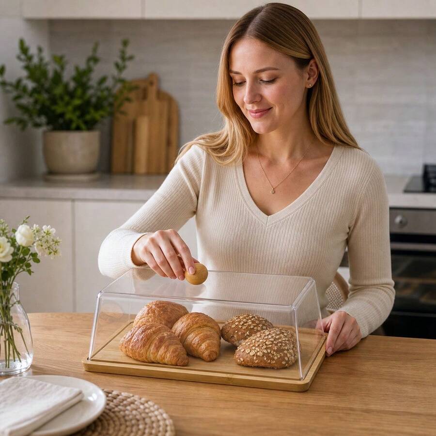 35.5x22.5x12cm Wood Bamboo Square Serving Tray With Lid, Bread Cake Pastry Display Holder, Random Color - View 1