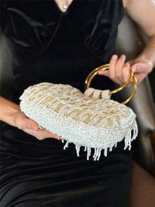 Women Evening Handbags,Half Moon Ring Top Handle Bag, White Bead Tassel Sequin Pattern,Large Gold Round Ring Handle For Wedding Prom Gala Club Party - Champagne - View 6