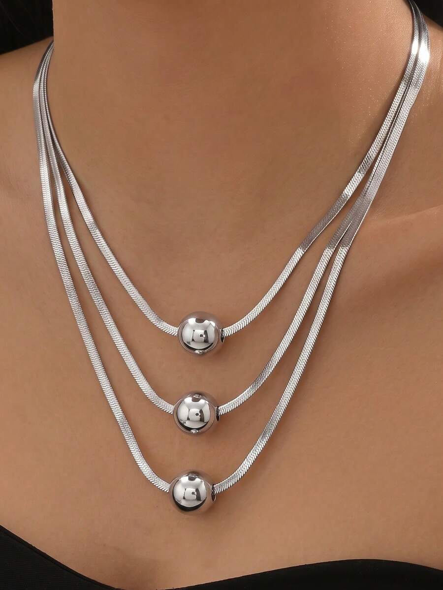 1pc Fashionable Exquisite 3-Layer Flat Snake Chain With Round Beads Layered Collarbone Necklace, Suitable For Women's Daily Wear, Holiday Gift And Birthday Gift - Silver - View 1