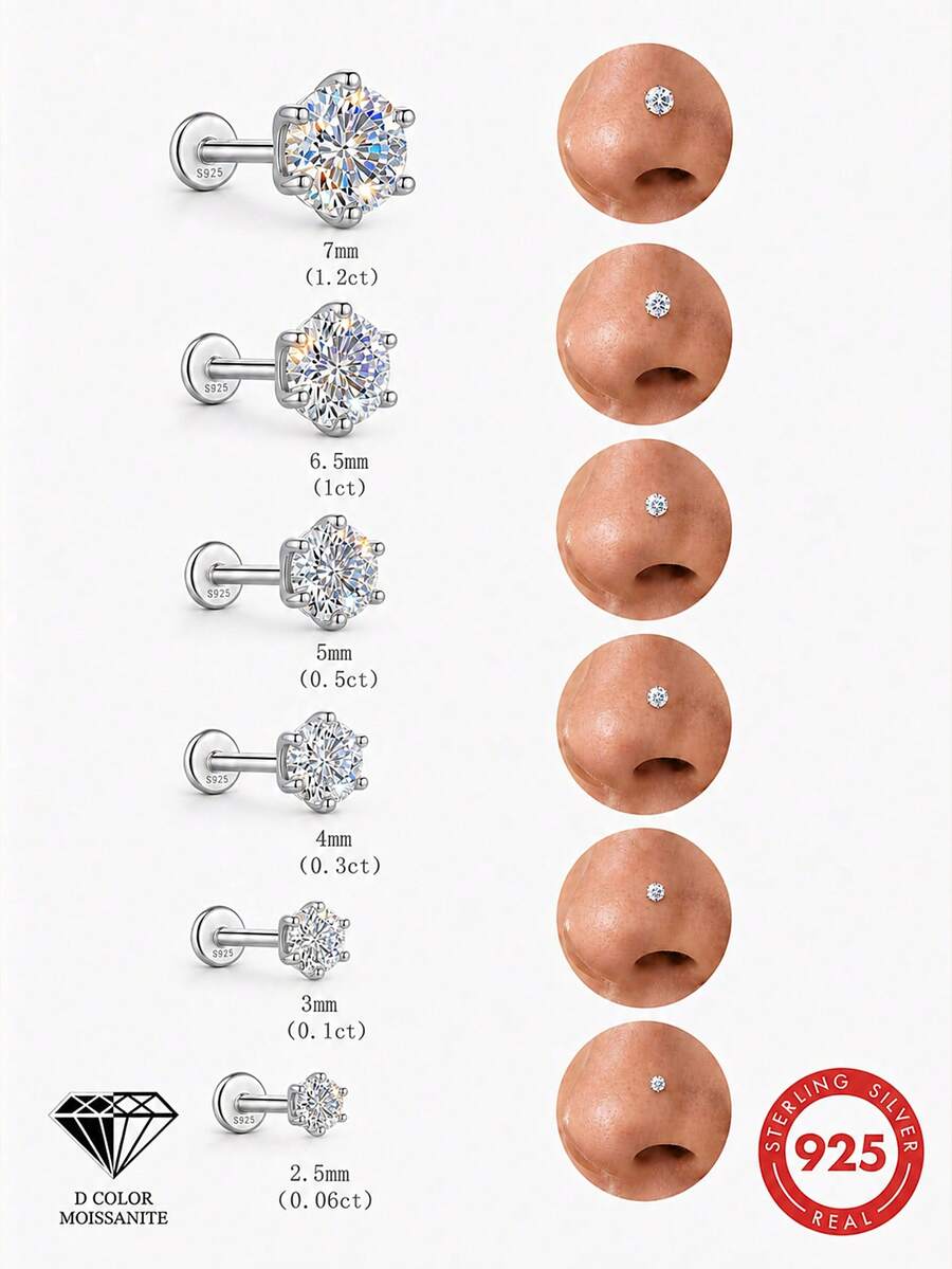 1件 2.5-7MM 925純銀莫桑鑽 6爪鼻釘,低過敏性身體穿刺鼻環,女性日常派對生日禮物 - 銀色 - 查看 1