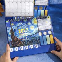 2027 Desktop Calendar With Stickers Oil Painting Theme 12 Months Weekly Monthly Planner, Portable Schedule Organizer For Office, Home, School, Decorative Calendar, Perfect For New Year, Birthday Gift - Single Piece - View 12