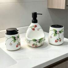Hand-Painted Strawberry Pattern Ceramic Dispenser Bottle For Bathroom Vanity, Kitchen Sink, Multi-Purpose Toiletries - A - View 2