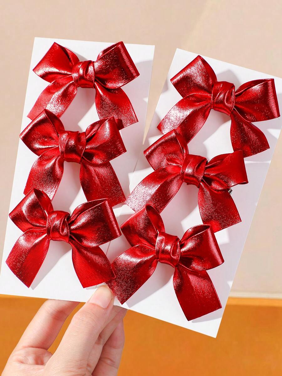 6/1pc Girls Red Fabric Bow Hair Clips Hair Accessories Head Clips Back Clip Side Clip Alligator Hair Clip For Daily Use - Red - View 1