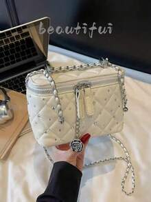 Bolso de cadena diagonal de moda, bolso cuadrado estructurado, bolso acolchado brillante con adornos de strass para mujeres - Blanco - Ver 12