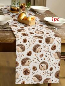 Cute Cartoon Hedgehog Pine Cone Dry Branch Print Table Runner, Throw Pillow, Placemat, Autumn Harvest Theme Table Decor, Thanksgiving Autumn Home Dining Table Fabric, Family Gathering Kitchen Restaurant Tabletop Decoration - Multicolor - View 12