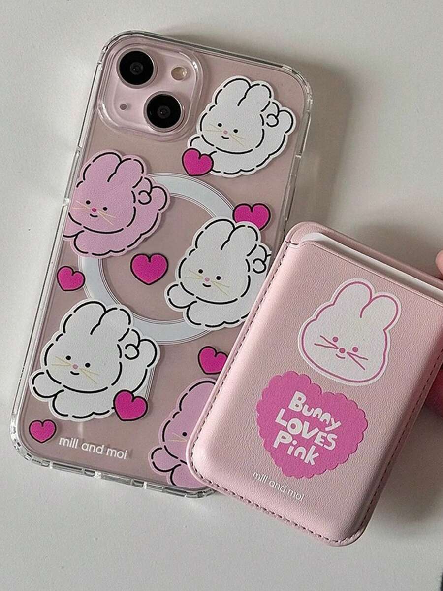 1pc Heart Rabbit Phone Case + Heart Rabbit Card Holder Compatible With Apple 11-17pm - Pink - View 1