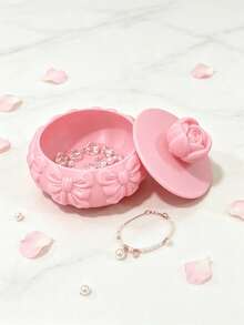 1/2pcs Embossed Bowknot Jewelry Storage Box With Lid, 3D Rose Decor Round Jewelry Box, Dust-Proof Ring Earring Necklace Storage Container, Vanity Girl Style Jewelry Organizer Decorative Box - Pink - View 4