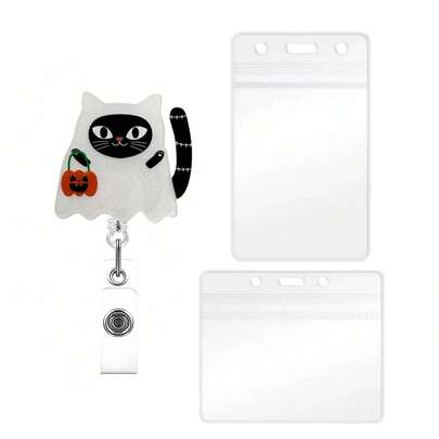 3 piezas Portacredencial retráctil de acrílico con diseño de gato de dulces de Halloween, clip giratorio tipo caimán, para maestros, mentores institucionales y regalos para profesores