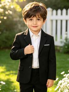 3-10 Years Old Boys' Suit Jacket With Button, Formal Lapel Blazer Set, Suitable For Birthday Party, Wedding, Anniversary Events, Black - Black - View 5