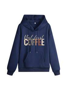 Sweatshirt Wanita Warna Navy, Tapi Pertama Kopi, Sweatshirt Kasual Oversized dengan Grafis Huruf Leopard untuk Musim Gugur - Navy Blue - View 3