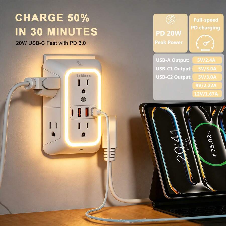10-In-1 Wall Outlet Expander, 1050J Surge Protector, 20W USB-C Fast Charging, 6 Wide Spaced AC Outlets And 4 USB Ports, 3-Sided Design, Suitable For Home Office Kitchen - White - View 1