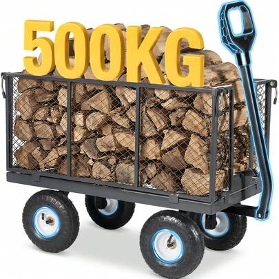 Titan Hochleistungs-Gartenwagen & Schubkarre, 500 kg/300 kg Tragkraft, 3-in-1 wandelbarer Wagen & Plattformwagen, patentierter ergonomischer Griff, luftgefüllte Gummireifen, robust & rostfrei, 200 l Fassungsvermögen, Grau