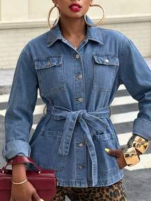 Mid-Length Washed Blue Denim Jacket With Cinched Waist And Multiple Pockets, Hong Kong Style Casual Loose Fit Women's Outerwear - Medium Wash - View 2