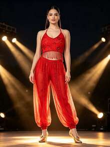 Bohemian Floral Rhinestone Fringe Halter Crop Top With Sparkly Sheer Mesh Harem Pants For Carnival Parades, Desert Festivals & Vacation Shooting (Available In Multiple Colors) - Multicolor - View 12