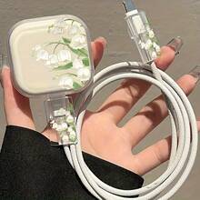 Protective Case For UK Apple 18/20W Charger, Portable Cute Cartoon Fashion TPU Material Data Cable Protector, Ink Bamboo Pattern/Hand-Held Rose/White Flower Pattern/Black Cat Pattern/Cat And Yarn Pattern/Blue And Red Flower Pattern/Pink And Black Heart Black Cat Pattern 3pcs Set - Multicolor - View 9