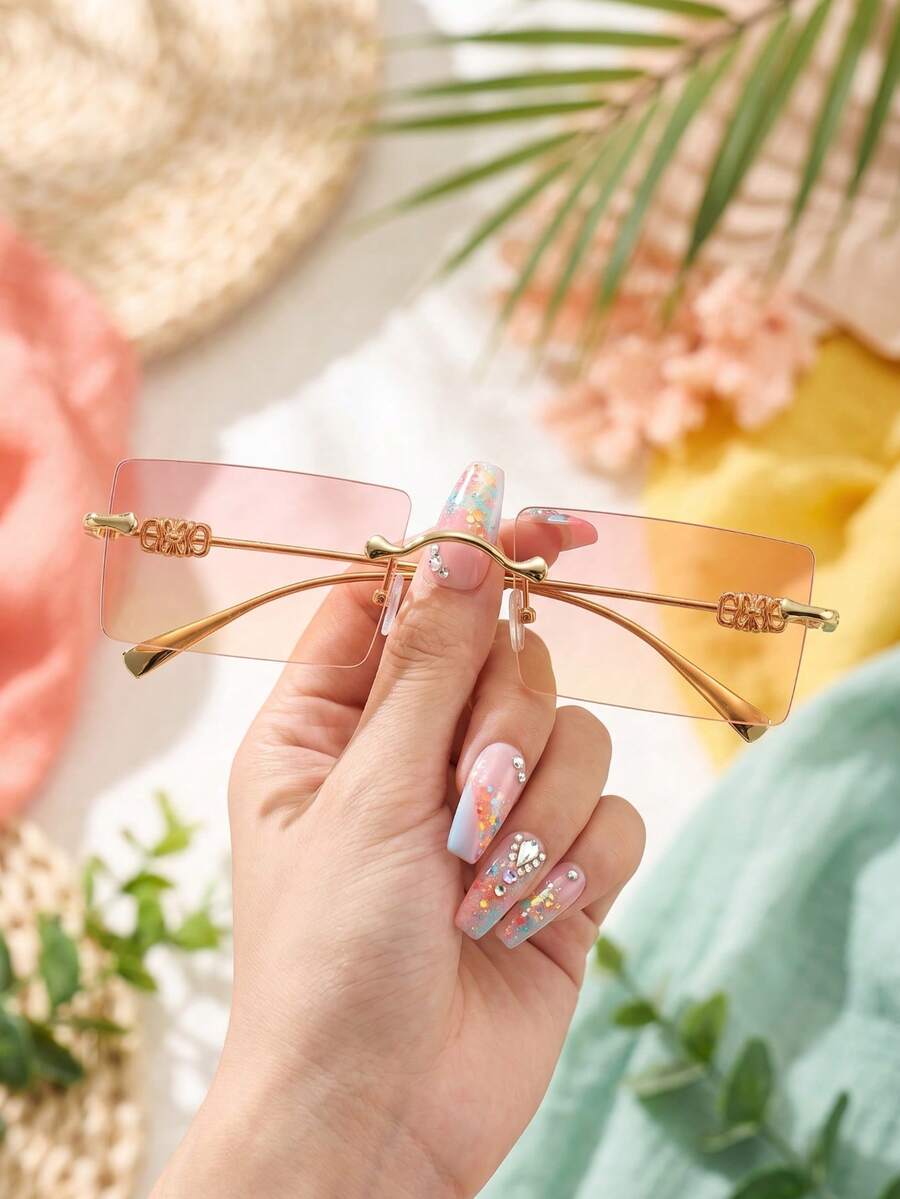 1pc Square Frameless Metal Arm Women's Fashion Prescription Glasses Party Shades Beach Accessories Halloween - Gold - View 1