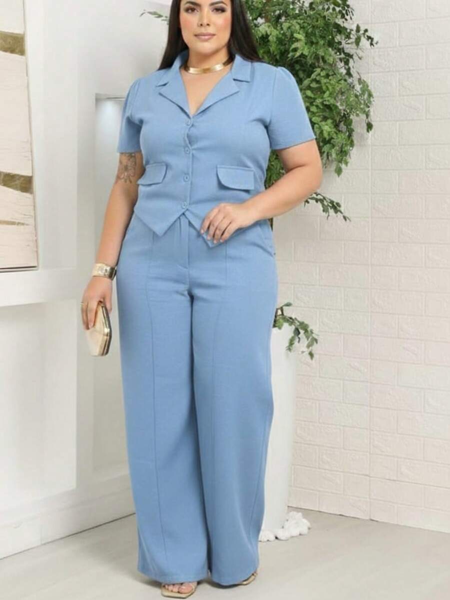 conjunto elegante plus size calsa pantalona e blusa de tesido censorial marrant - azul claro - Visão 1