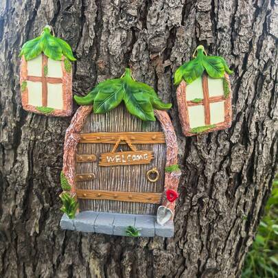 4pcs Fairy Door And Glow In The Dark Window Resin Ornament Set, Mini Elf Tree House Sculpture, Enchanted Forest Micro Landscape Decor, Fairytale Garden Statue For Tree Trunk, Bonsai, Terrarium, Yard & Indoor Mini Micro Scene Decoration
