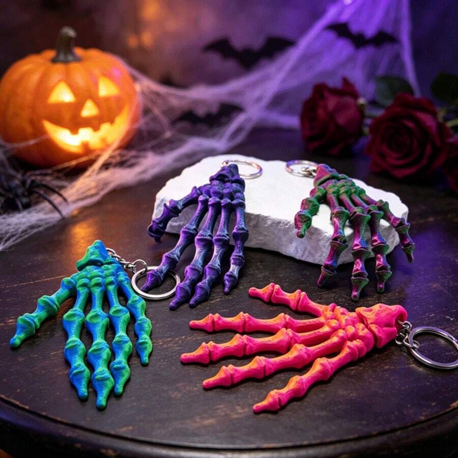 1pc 3D Printed Skeleton Hand Keychain, Movable Joint Design, Bag Charm, Halloween Pendant, Car Key Holder, Halloween Party Gift - Multicolor - View 1