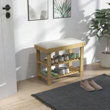 Shoe Bench With Seat, Bamboo Storage Bench, Shoe Rack With 2 Open Compartments, Bench, Hallway Bench For Living Room, 60 X 29 X 49 Cm Cream White - 自然色 - 查看 2