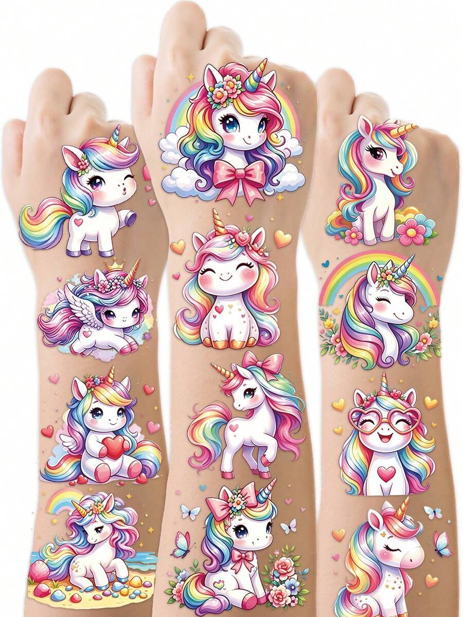 STARTTOOS 12pcs/12 Sheets Heart Rainbow Unicorn Combination Pattern Temporary Tattoo Stickers, Children DIY Birthday Party Christmas Gift Arm Body Waterproof Temporary Tattoo Stickers - Multicolor - View 1