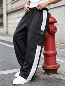 Men's Colorblock Side Stripe Cargo Wide Leg Pants, Elastic Drawstring Waist Multi-Pocket Street Style Loose Straight Leg Long Pants - Black - View 1