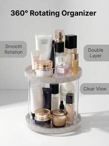 1PC Rhinestone Decorated Multi-Functional 360° Rotating Makeup Organizer, 360° Rotating Rhinestone Cosmetic Storage Rack, Double Layer Vanity Skincare Organizer, Girly Pink Sparkling Rhinestone Rotating Storage Tray, Large Capacity Desktop Skincare Lipstick Makeup Organizer - Multicolor - View 4