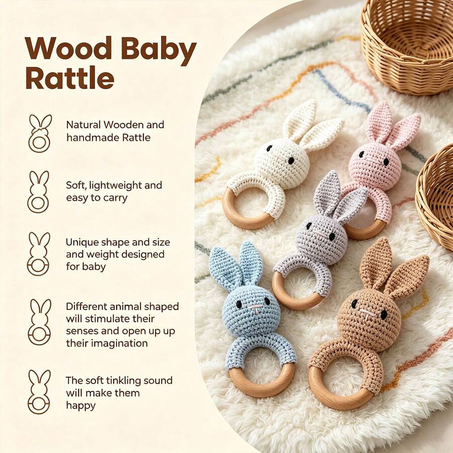 Handmade Crochet Rabbit Rattle, Baby Interactive Crochet Toy, Built-In Bell, 3D Cute, Rich Details, Attract Baby's Attention, Develop Baby's Hearing, Baby Shower Gift, Sleep Soothers, New Mom Gift, Christmas Gift, Easter Gift, Newborn Memorial Gift - Multicolor - View 1