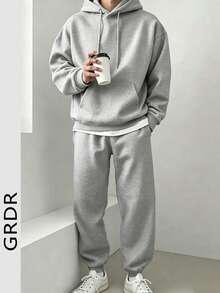 GRDR American Minimalist Basic Gray Loose Hoodie & Jogger Pants Casual Set For Men - Grey - View 5