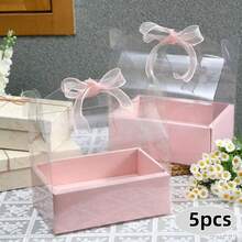 5pcs Transparent Floral Cake Boxes, Clear Gift Packaging Boxes, Bouquet-Style Dessert Display Boxes With Handles And Ribbon Decoration, Suitable For Floral Arrangements, Portable Clear Gift Packaging Boxes For Holidays, Weddings, Birthday Party Gift Wrapping - View 5