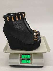 Women's Summer New Black Thick Platform Wedge Sandals With Metal Decor Back Zipper Open Toe High-Top Punk Style Mesh High Heel Wedge Sandals - Black Mesh - Small Metal Bar - View 10