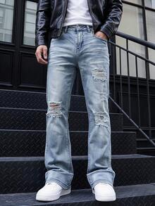 DAZY 男士喇叭牛仔裤，修身破洞喇叭牛仔裤，Y2K 堆叠式牛仔裤，季节性服装 - 藍色 - 查看 2